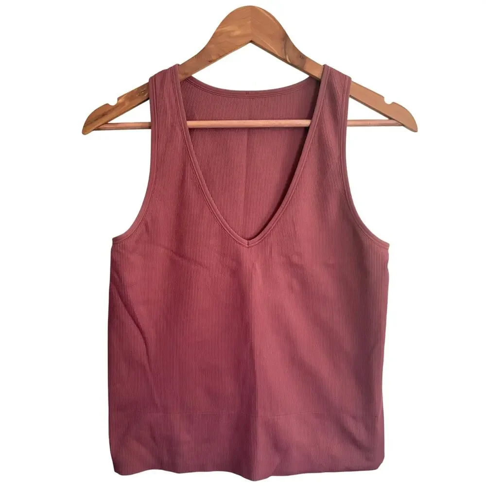 Athleta Aurora V-Neck Ribbed Tank Top L Pink Tawny Rose Running Yoga Athleisure